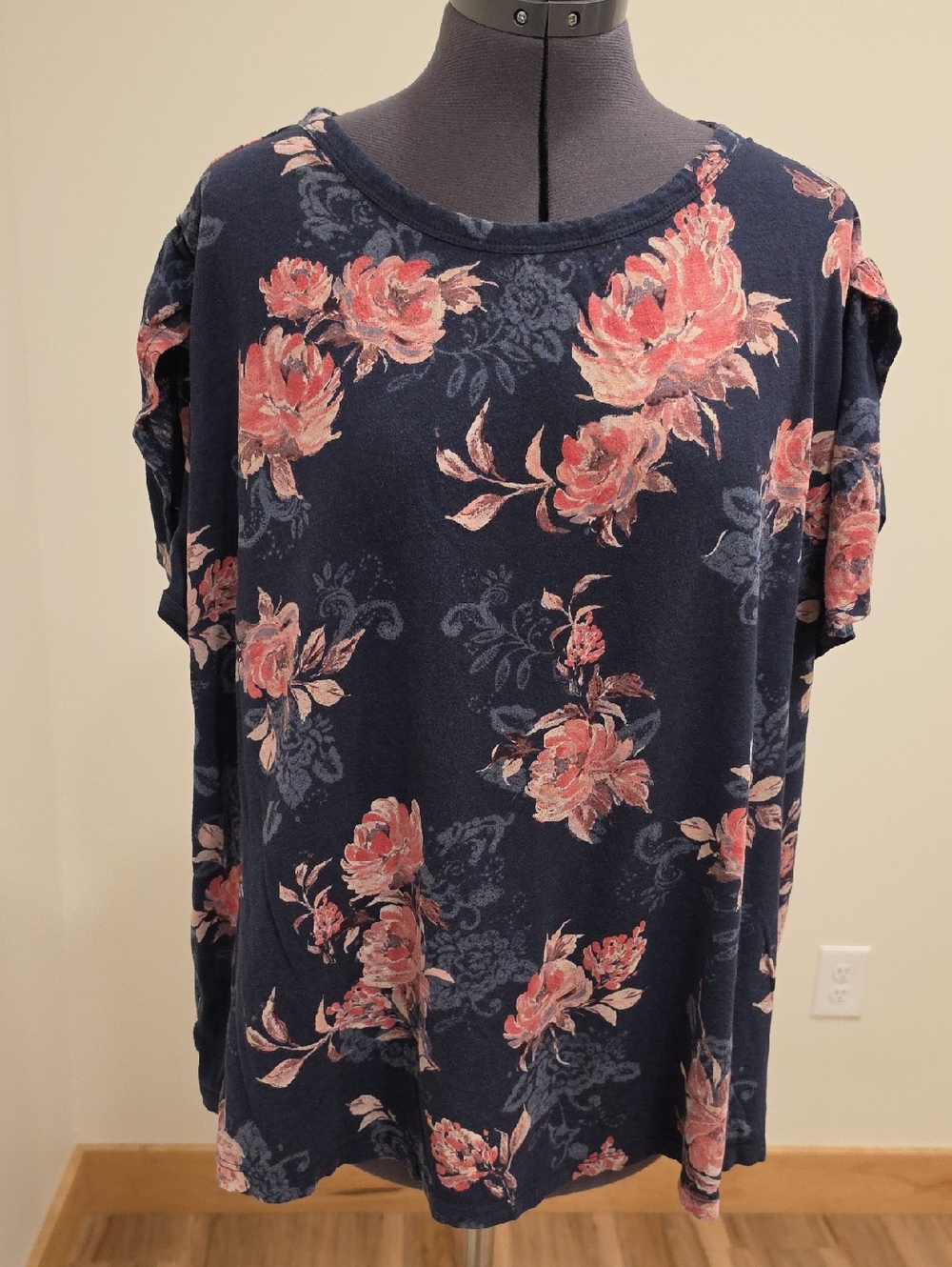 Maurices Navy Short Sleeve Tee with Pink Floral Print